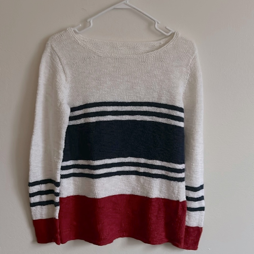 Classic Colorblock Red, White, and Blue Striped Preppy Cotton Knit Sweater